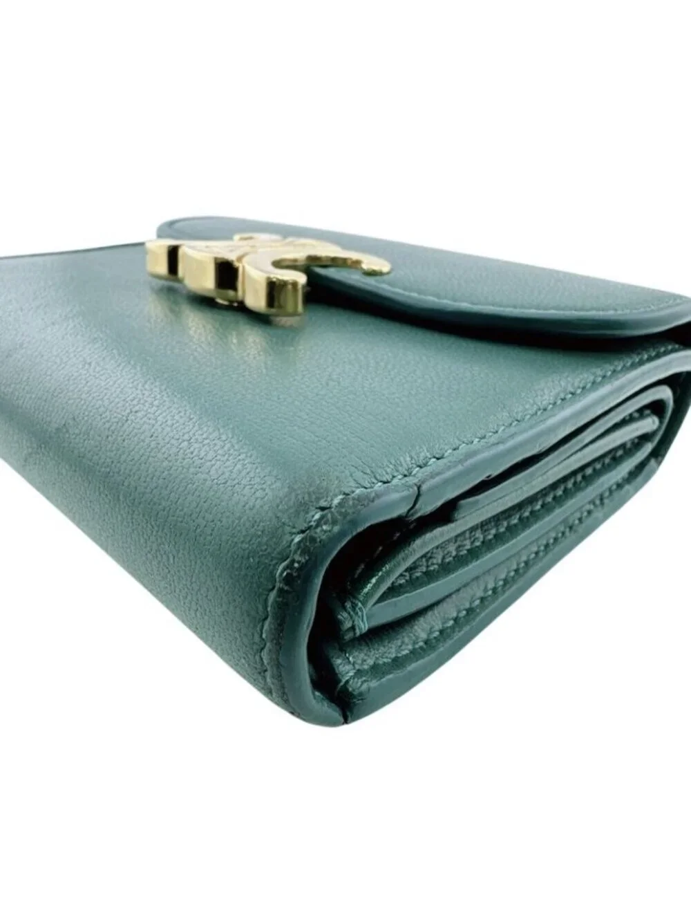 Celine Compact Wallet Small Flap Triomphe Leather Trifold Green - Picture 4 of 8